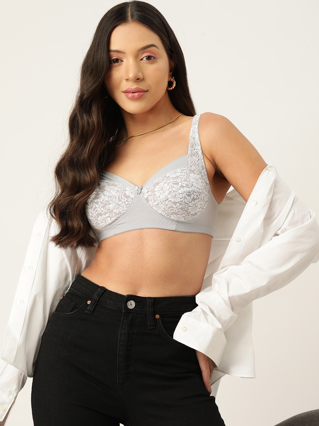 

DressBerry Lace Floral Medium Coverage Lightly Padded Bra, Grey