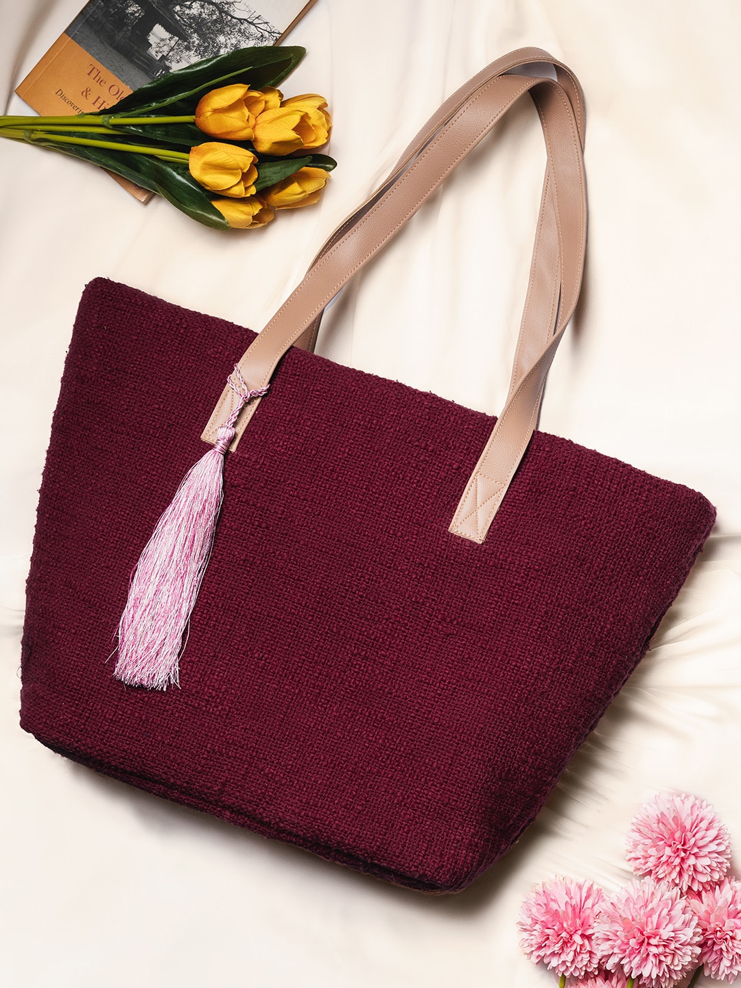 

DEEBACO Maroon Structured Tote Bag with Tasselled