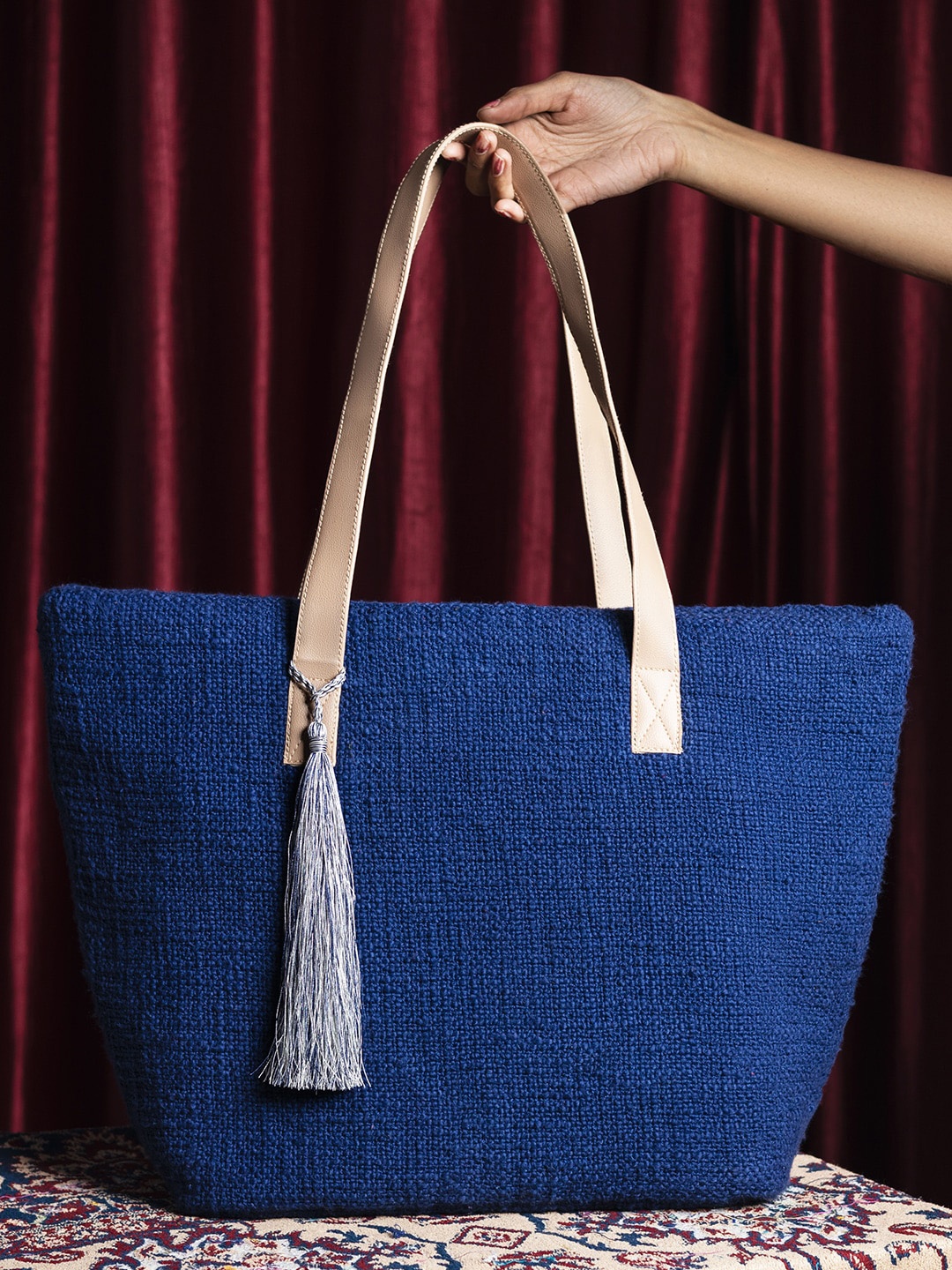 

DEEBACO Navy Blue Structured Tote Bag with Tasselled