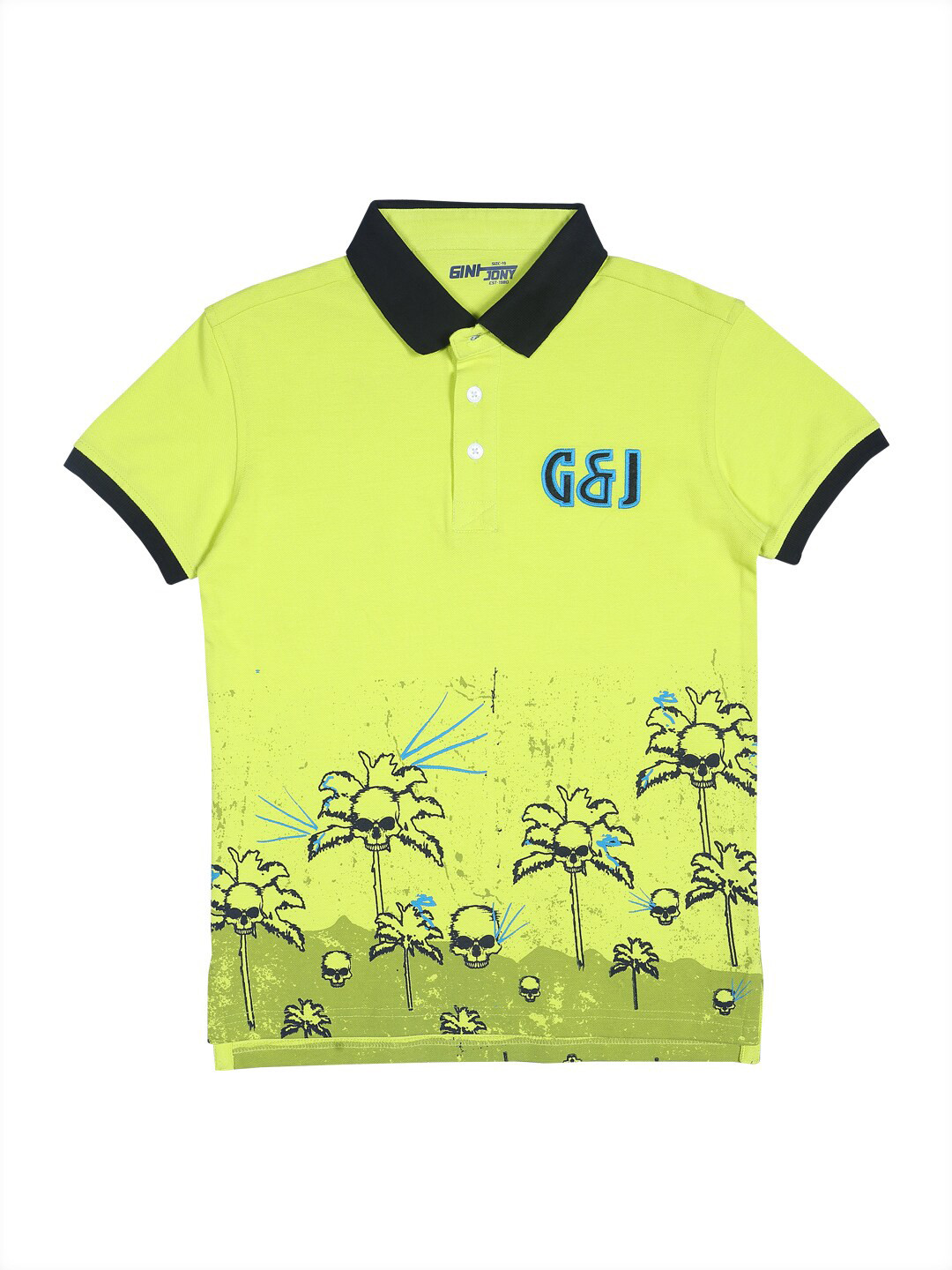 

Gini and Jony Boys Green Printed Polo Collar Cotton T-shirt