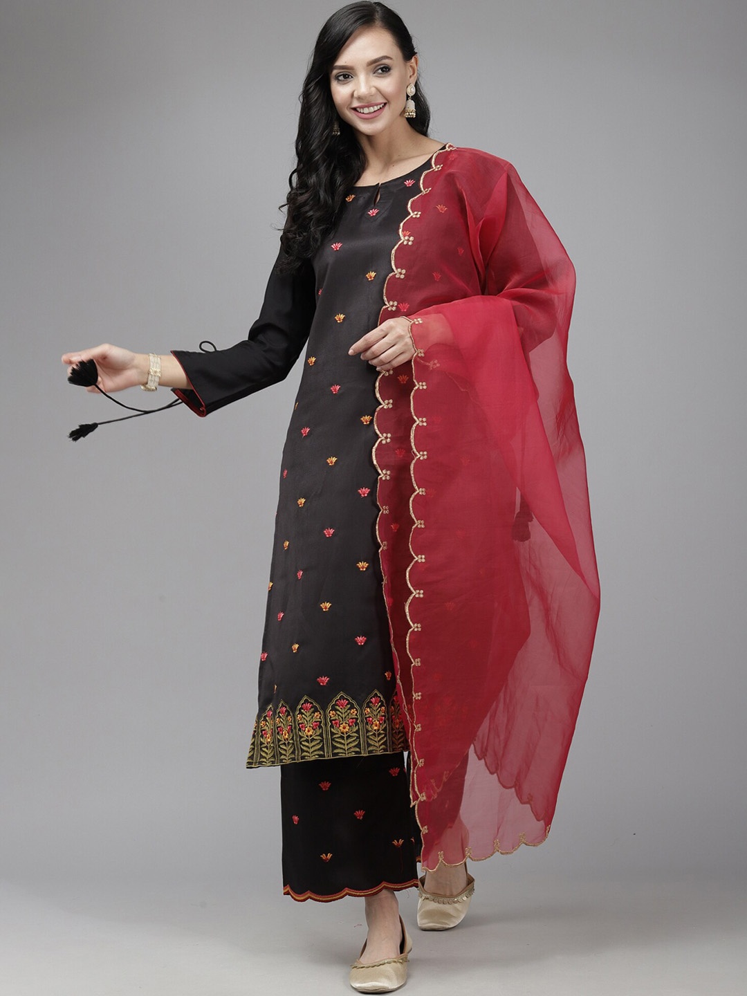 

Indo Era Women Black Floral Embroidered Liva Kurta With Palazzos & With Dupatta