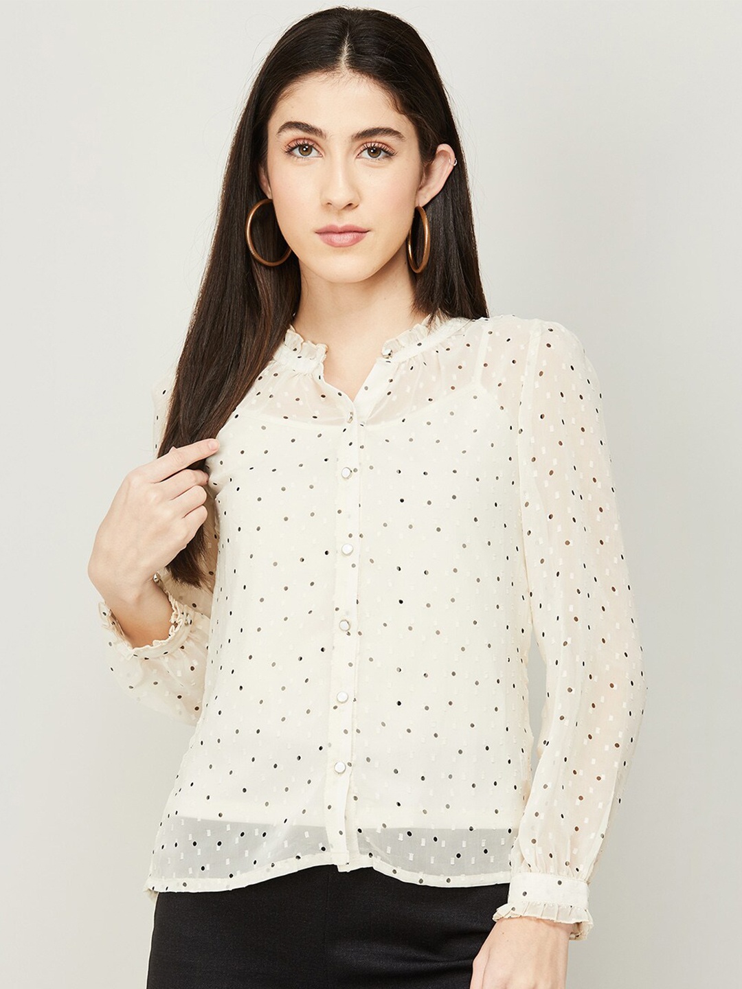 

CODE by Lifestyle Off White & Black Printed Mandarin Collar Ruffles Shirt Style Top