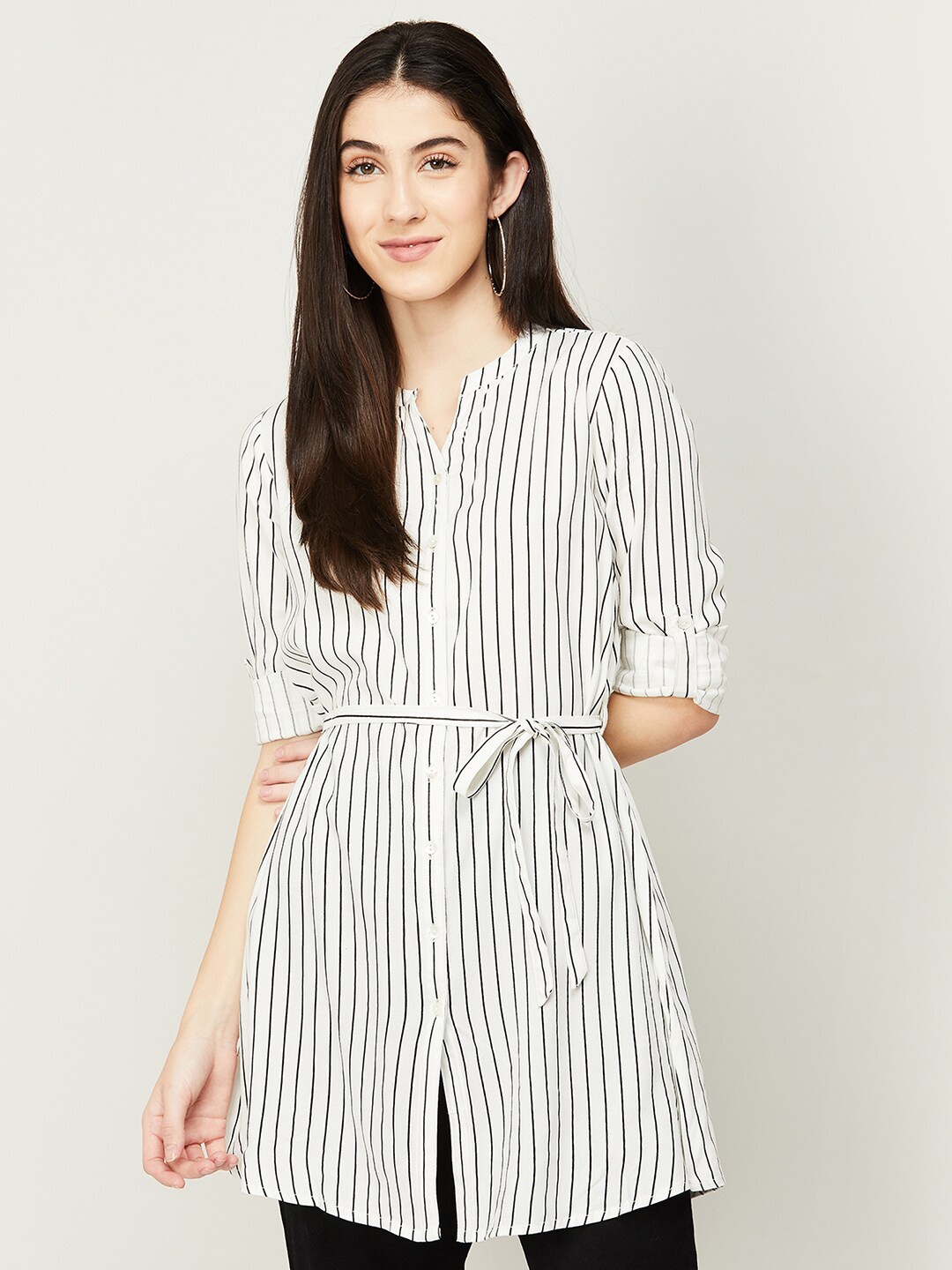 

Fame Forever by Lifestyle White & Black Striped Mandarin Collar Roll-Up Sleeves Shirt Style Longline Top