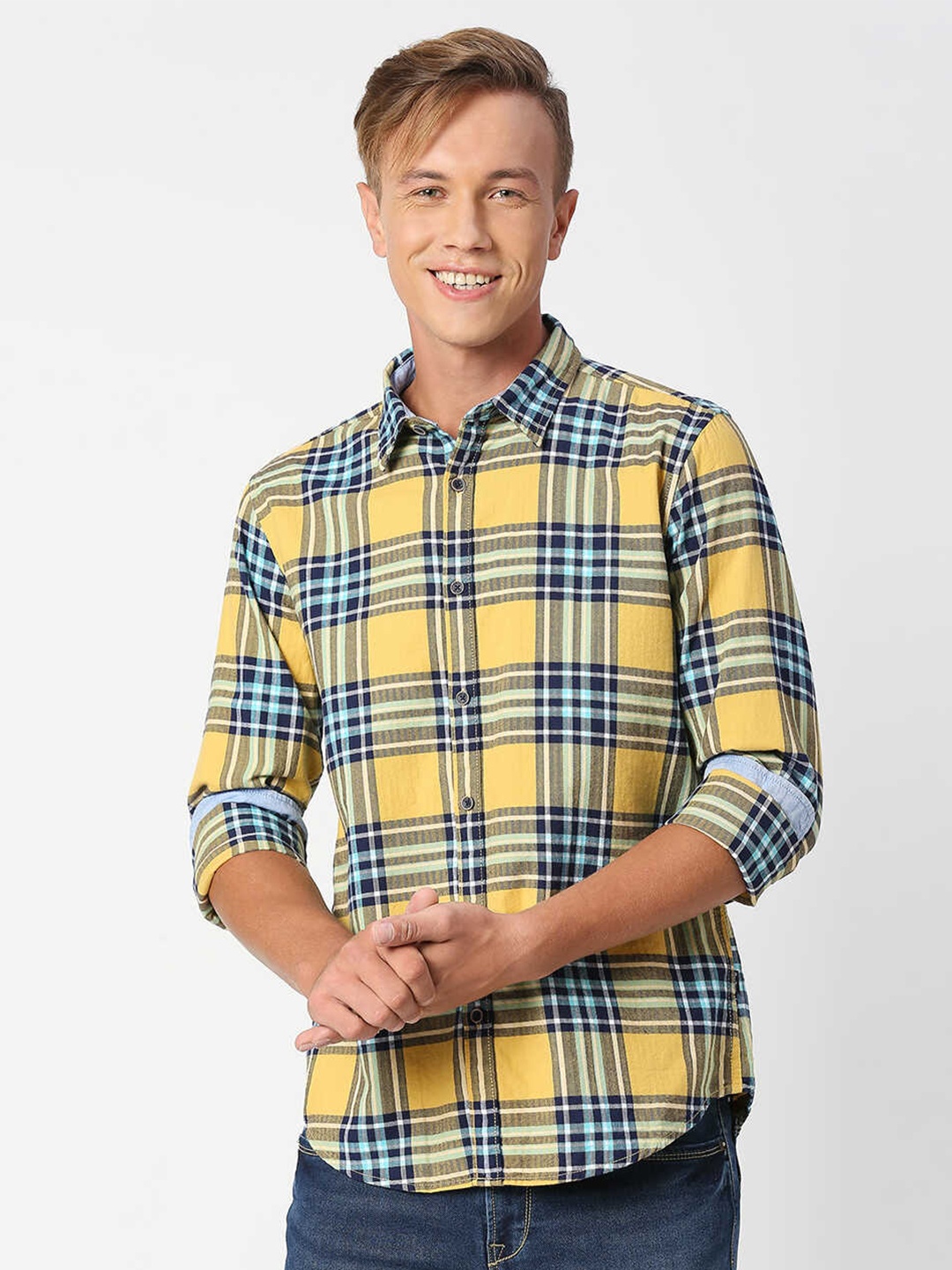 

Pepe Jeans Men Tartan Checks Casual Cotton Shirt, Yellow