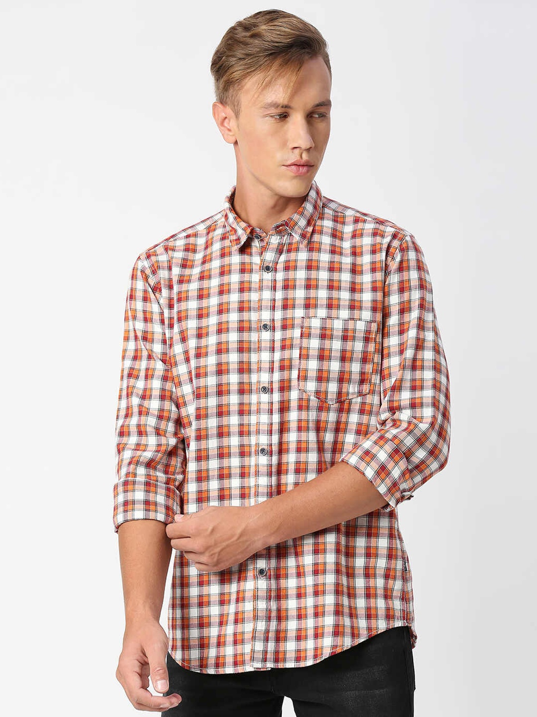 

Pepe Jeans Men Checked Casual Cotton Shirt, Orange