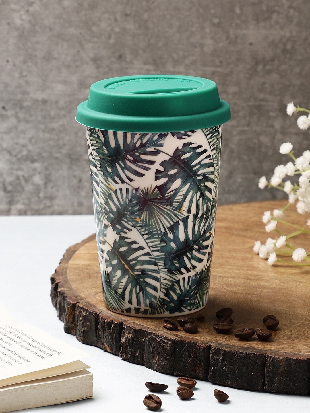 

OddCroft White & Green Printed Ceramic Matte Sipper Mug 400 ML