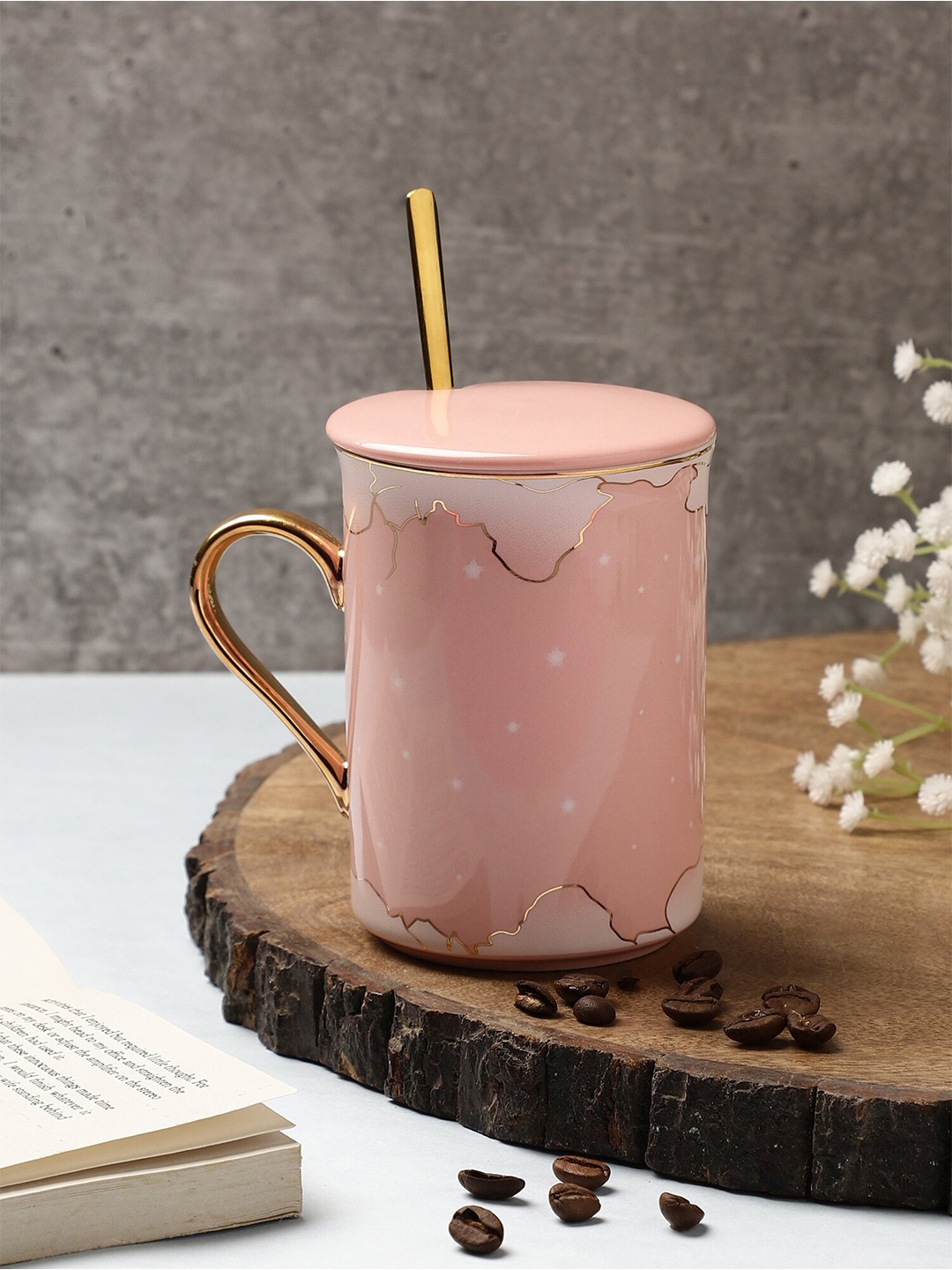 

OddCroft Pink & White White White Printed Ceramic Glossy Mug & Spoon 310 ml