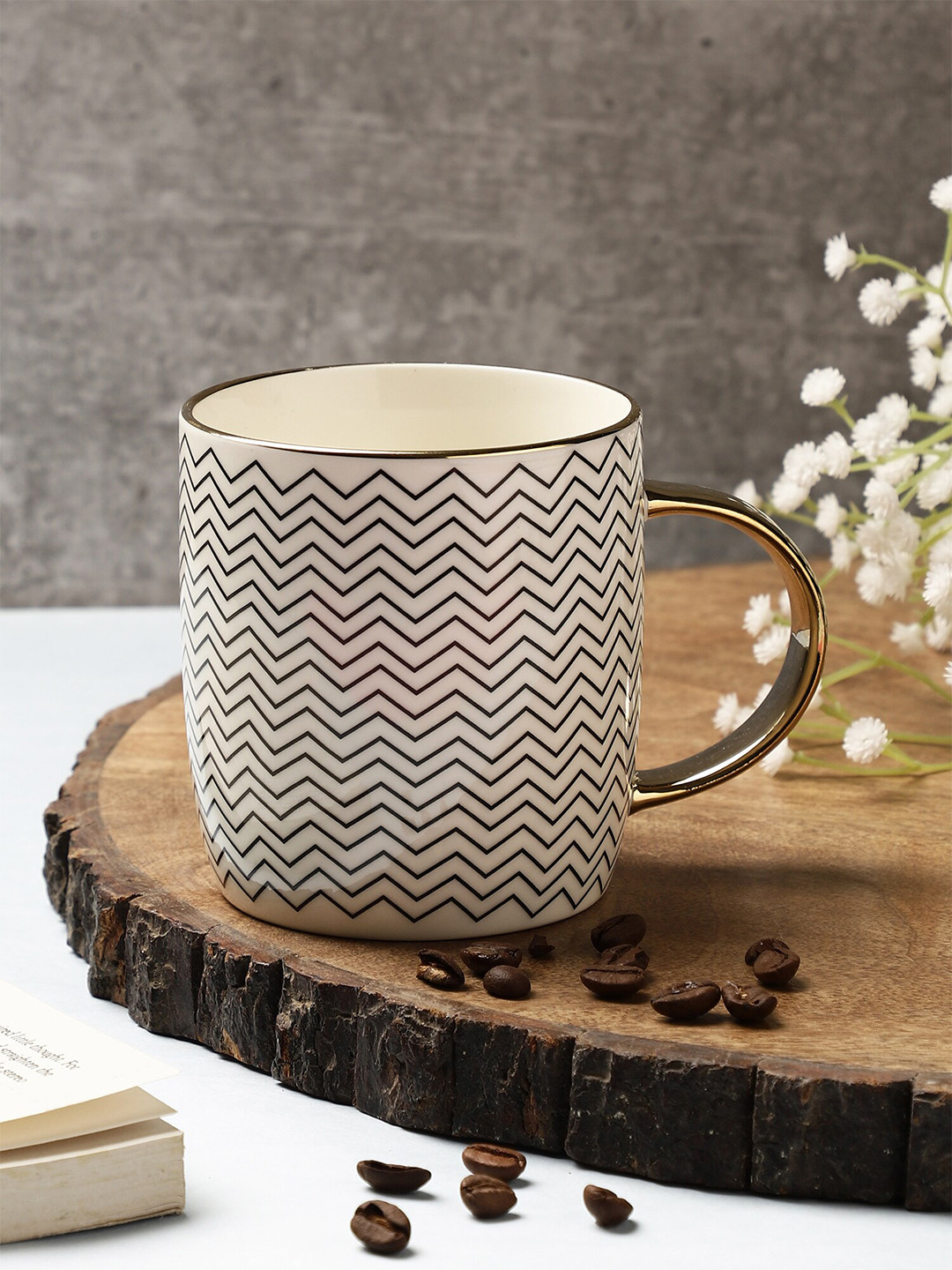 

OddCroft White & Black Black Black Printed Ceramic Glossy Cup 350 ML
