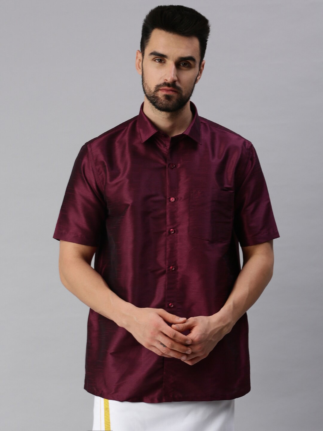 

Ramraj Men Maroon Solid Polyester Shirt & Dhoti Set