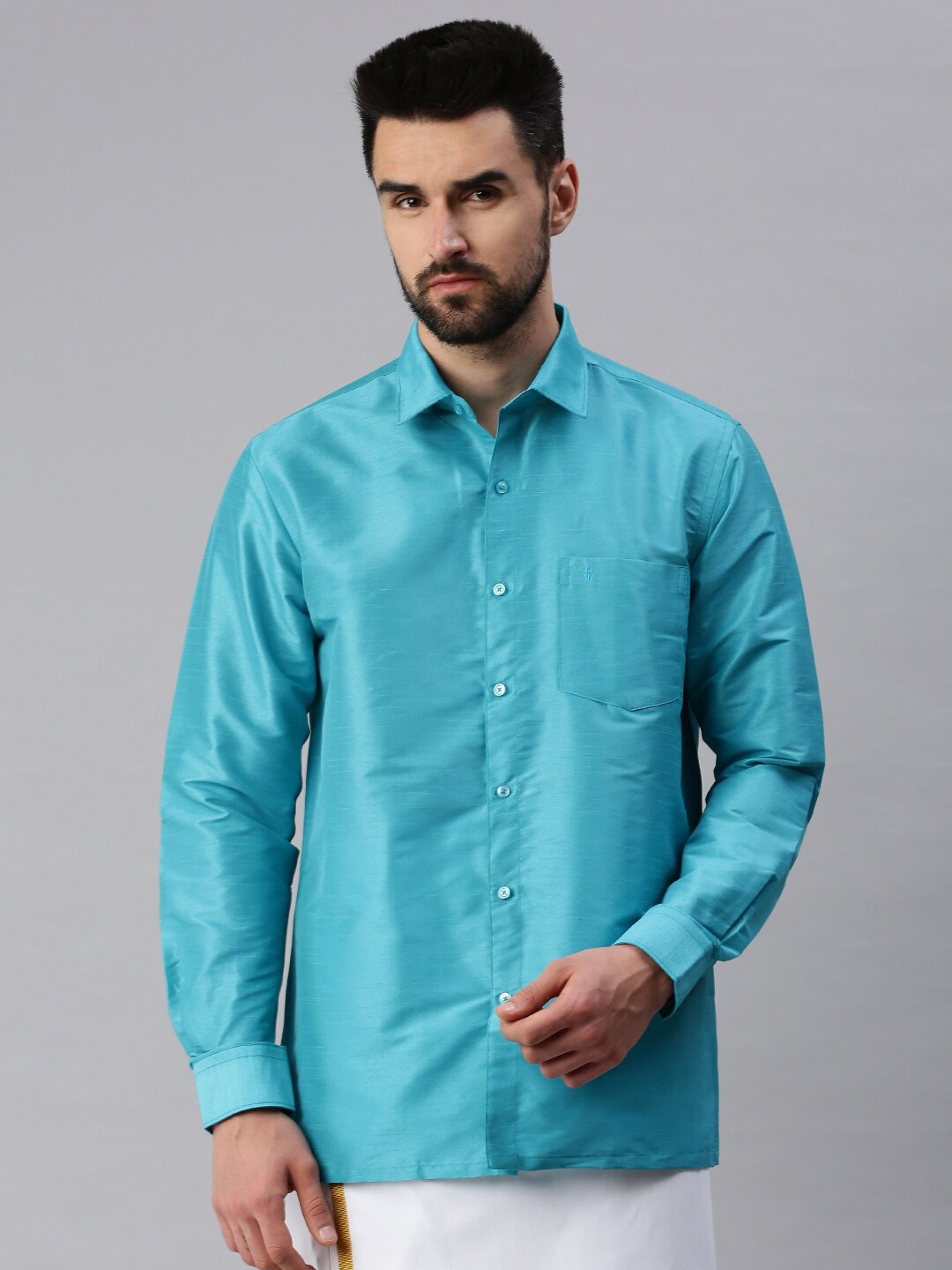 

Ramraj Men Turquoise Blue & White Striped Shirt with Dhoti Pants