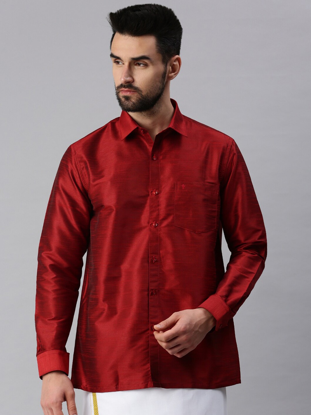 

Ramraj Men Maroon Solid Polyester Shirt & Dhoti Set