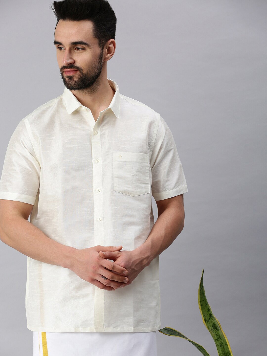 

Ramraj Men Cream-Coloured Polyester Shirt & White Dhoti Set