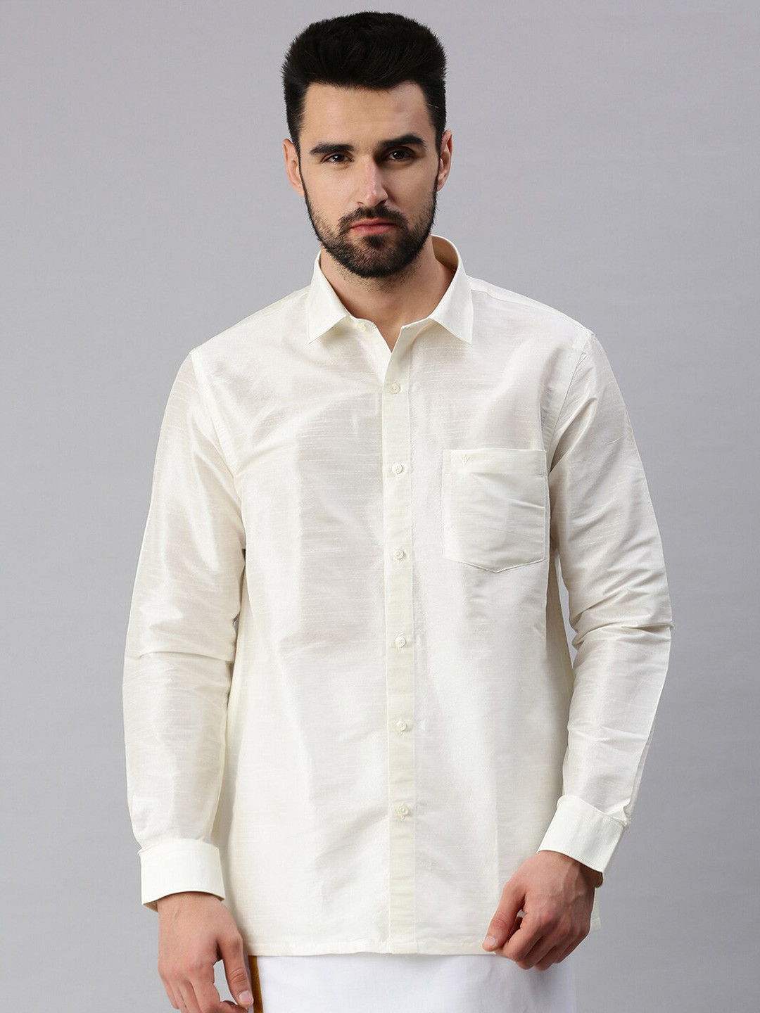 

Ramraj Men Cream-Coloured Polyester Shirt & White Dhoti Set