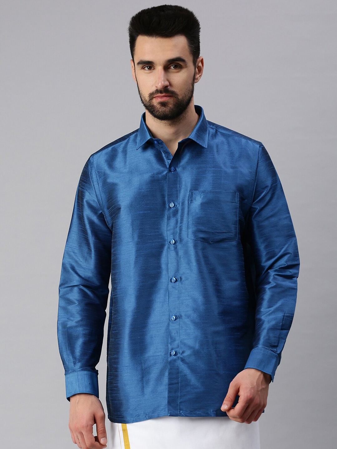 

Ramraj Men Blue Full Sleeve Polyester Shirt & Dhoti Set