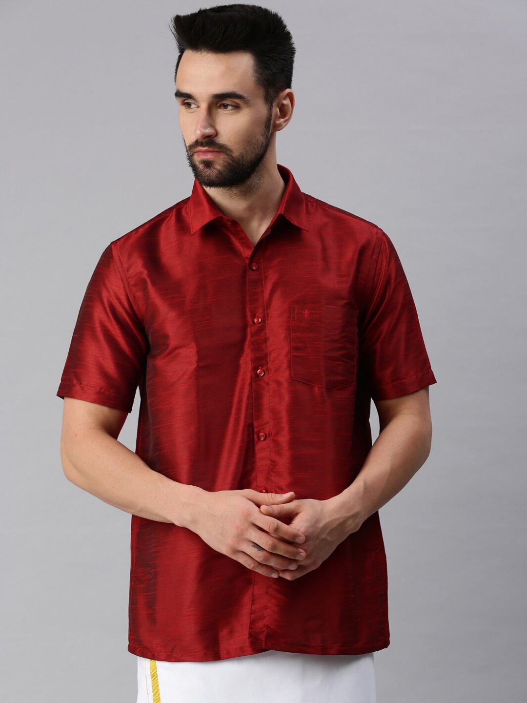 

Ramraj Men Red Solid Polyester Shirt & Dhoti Set