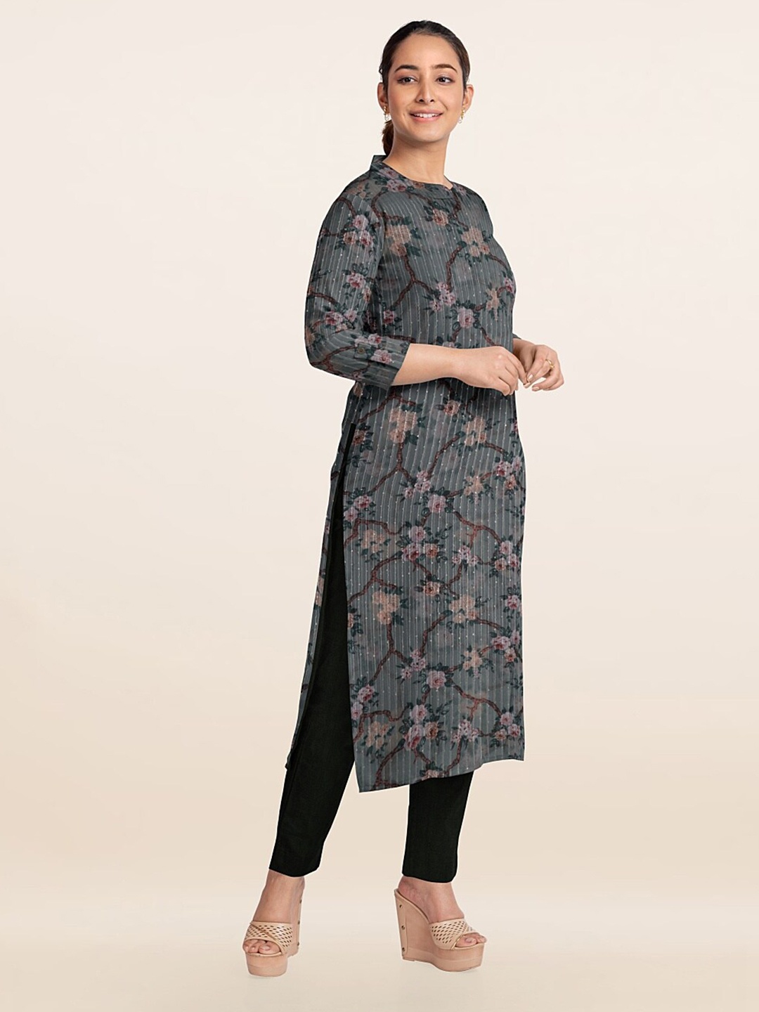 

Pothys Grey & Green Printed Unstitched Dress Material