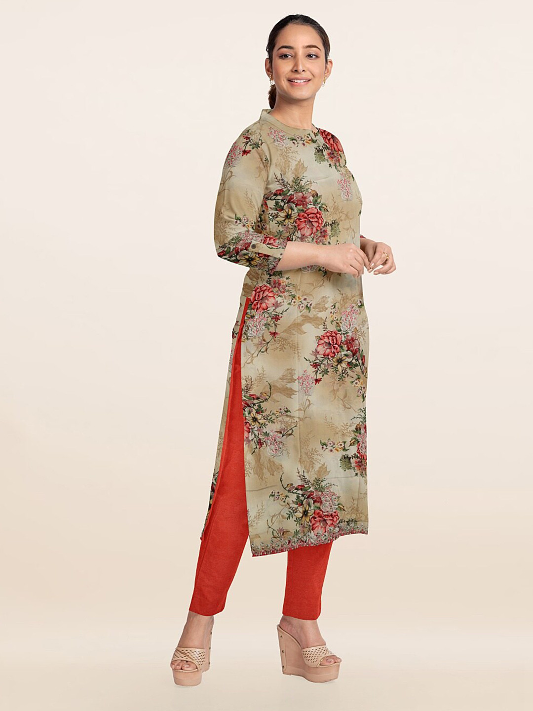 

Pothys Khaki & Red Printed Unstitched Dress Material