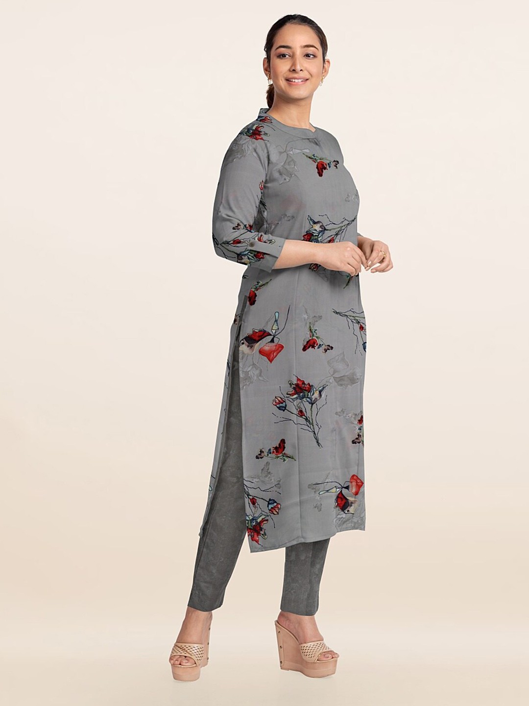

Pothys Grey & Red Printed Unstitched Dress Material