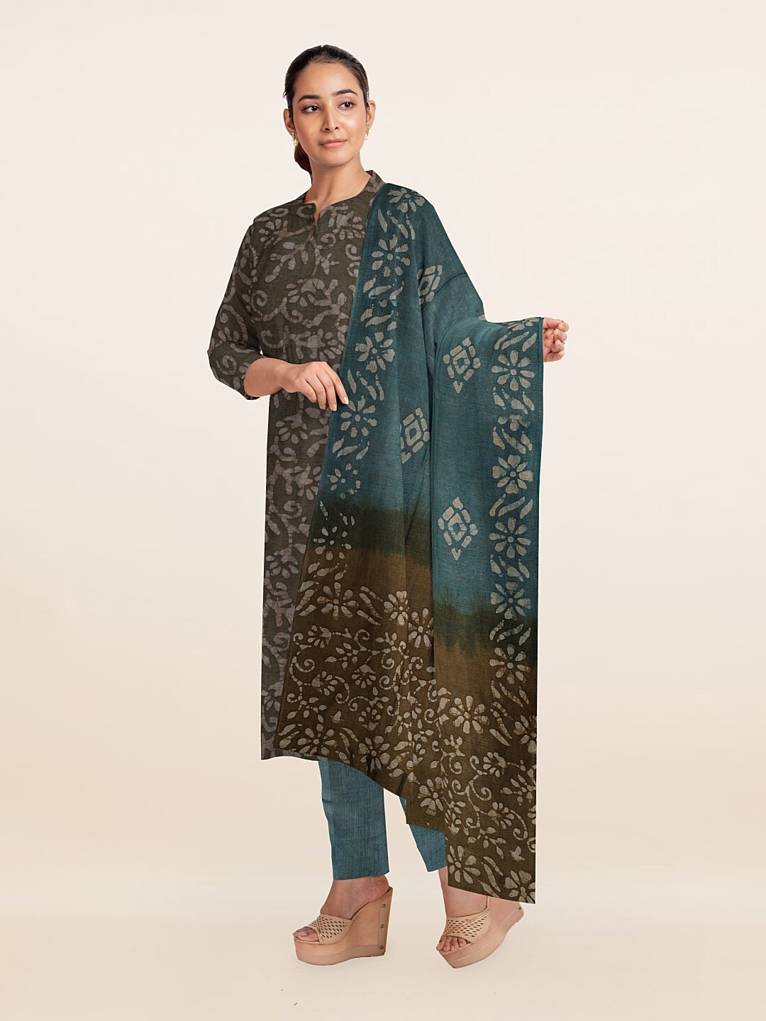 

Pothys Green & Grey Printed Unstitched Dress Material