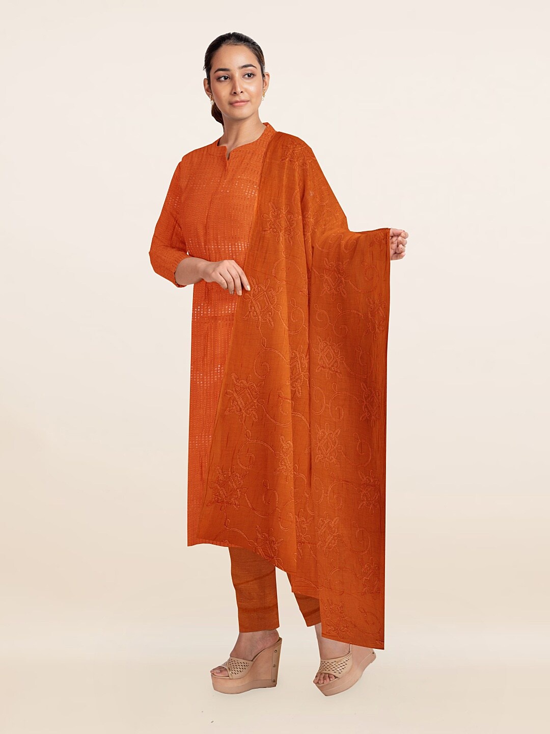 

Pothys Orange & Maroon Embroidered Unstitched Dress Material
