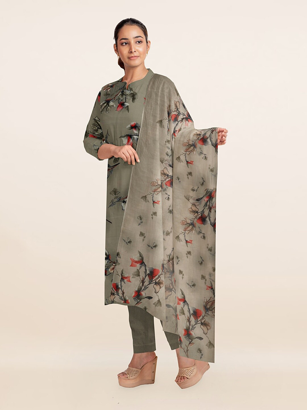 

Pothys Grey & Red Printed Unstitched Dress Material