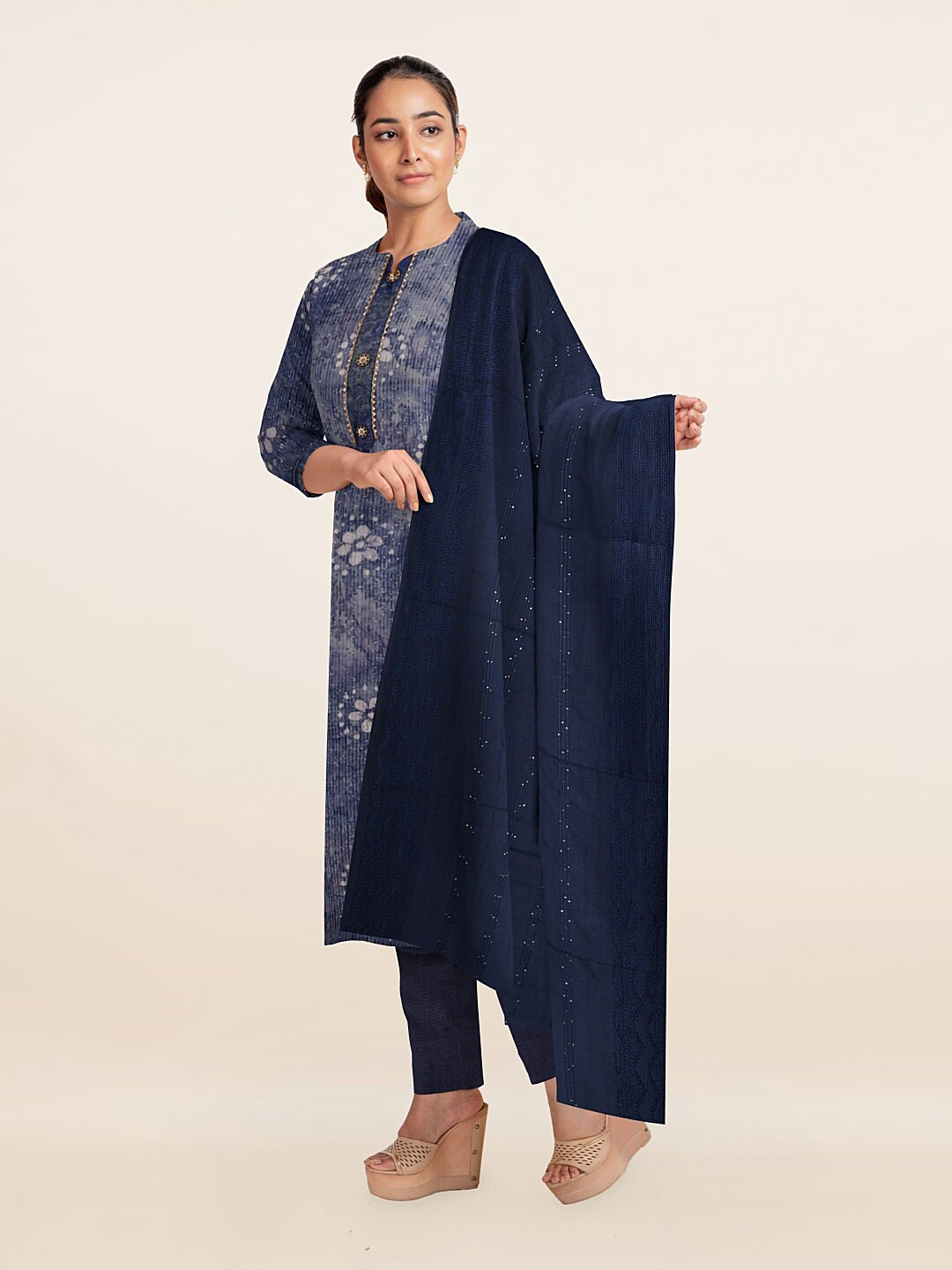 

Pothys Navy Blue & Grey Printed Unstitched Dress Material