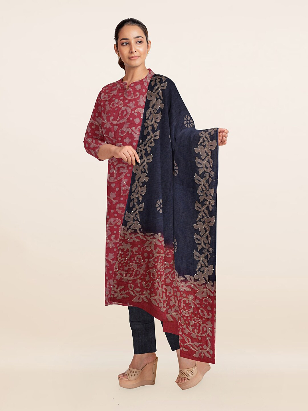 

Pothys Pink & Black Printed Unstitched Dress Material