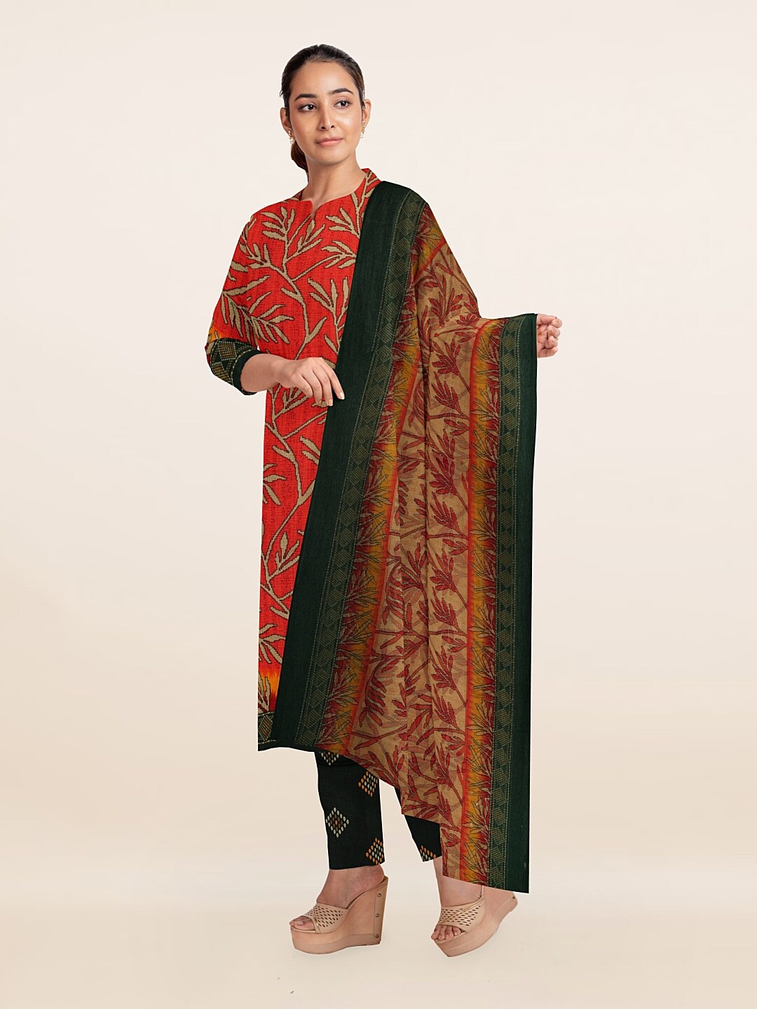 

Pothys Red & Black Printed Unstitched Dress Material