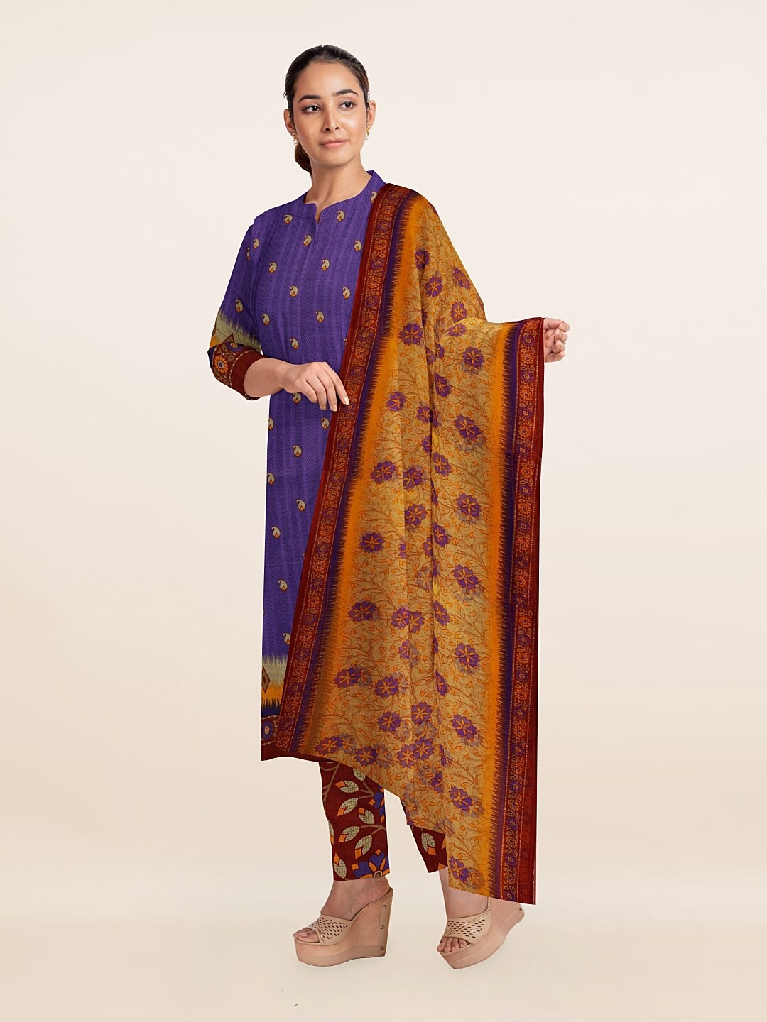 

Pothys Violet & Yellow Printed Unstitched Dress Material