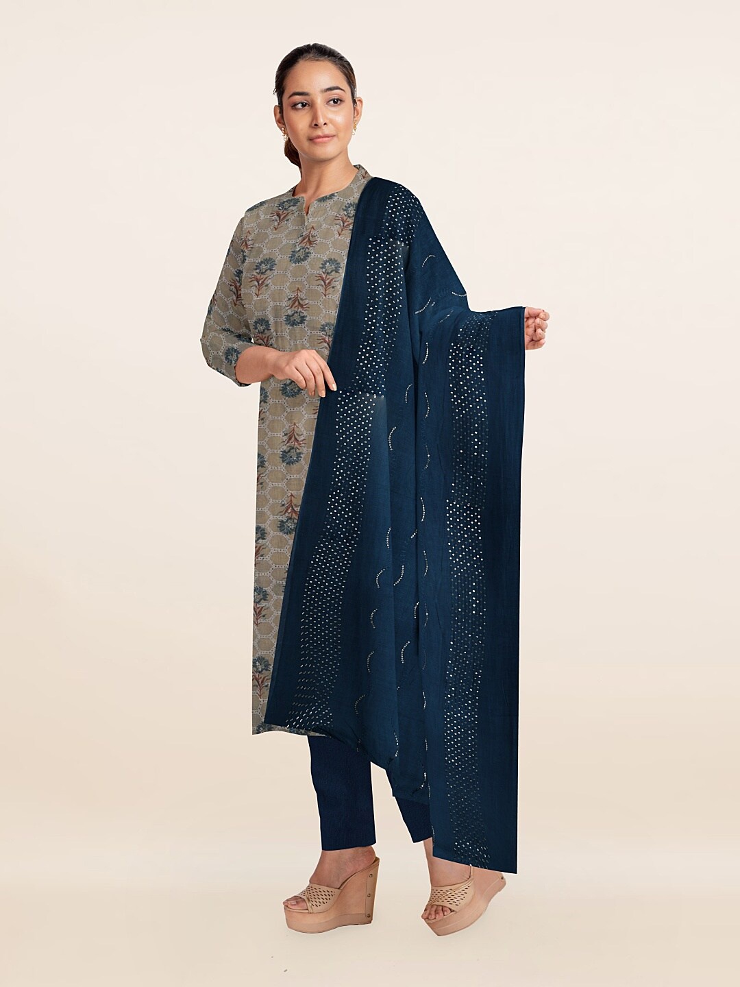 

Pothys Grey & Red Printed Unstitched Dress Material