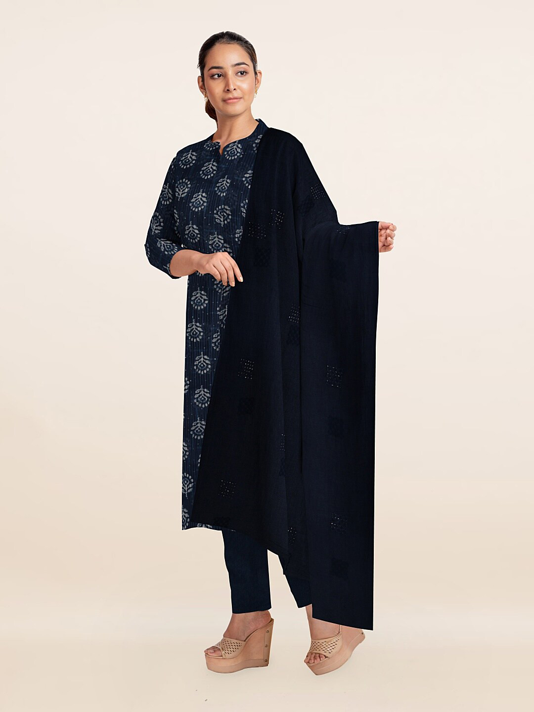 

Pothys Navy Blue & White Printed Unstitched Dress Material