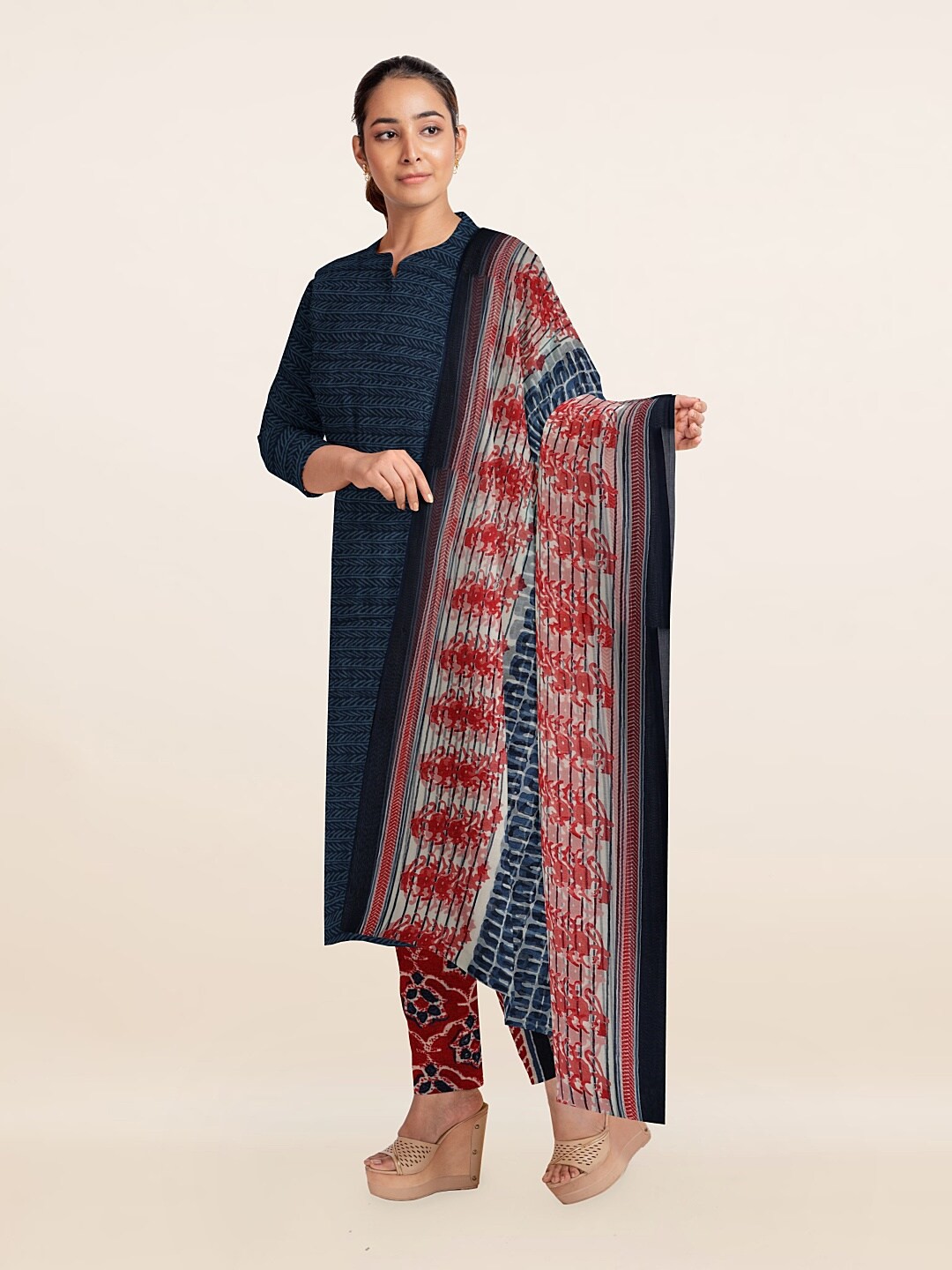 

Pothys Blue & Red Printed Unstitched Dress Material