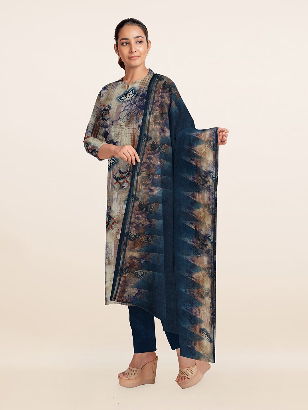 

Pothys Beige & Teal Printed Unstitched Dress Material
