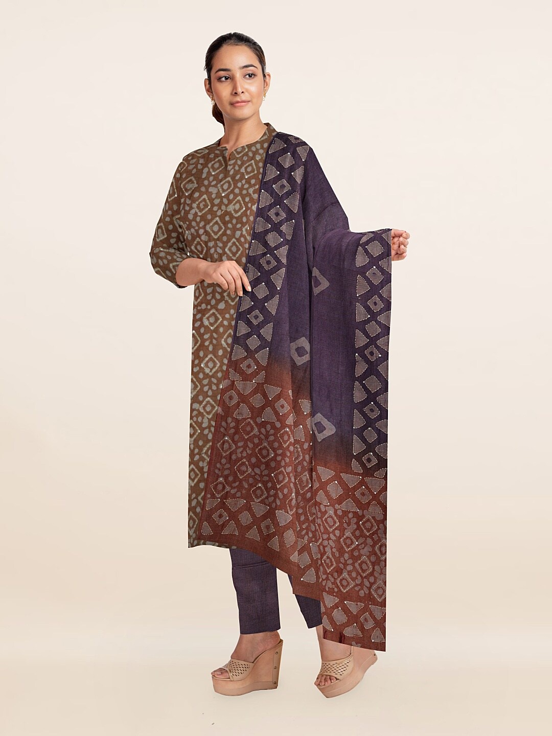 

Pothys Brown & Purple Printed Unstitched Dress Material