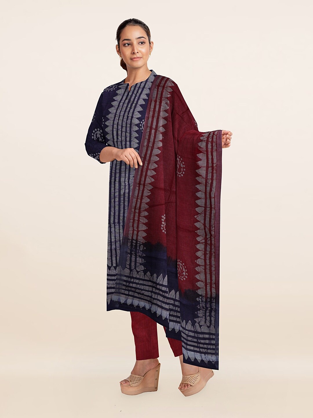 

Pothys Navy Blue & Maroon Printed Unstitched Dress Material