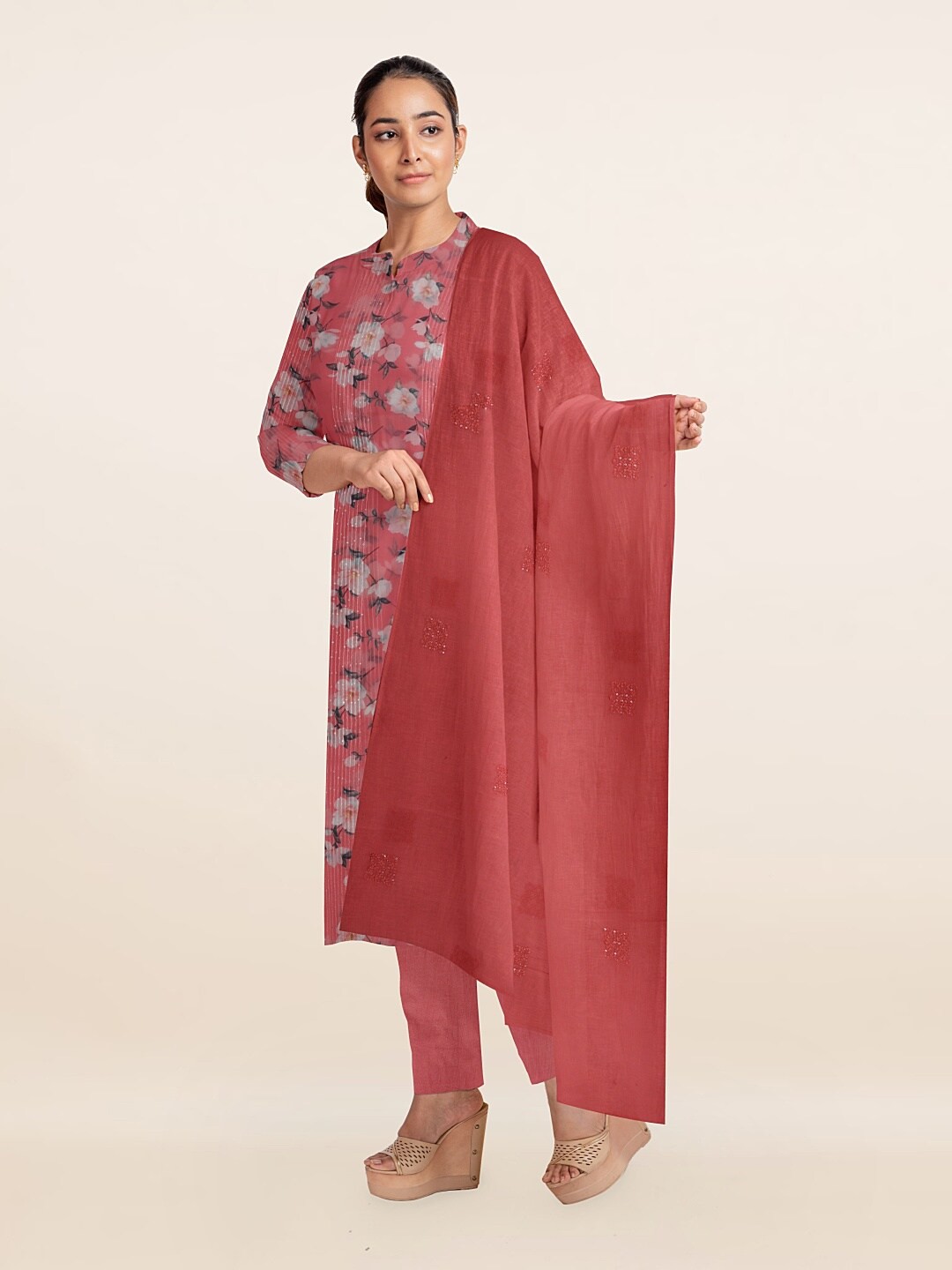 

Pothys Pink & Off White Printed Unstitched Dress Material