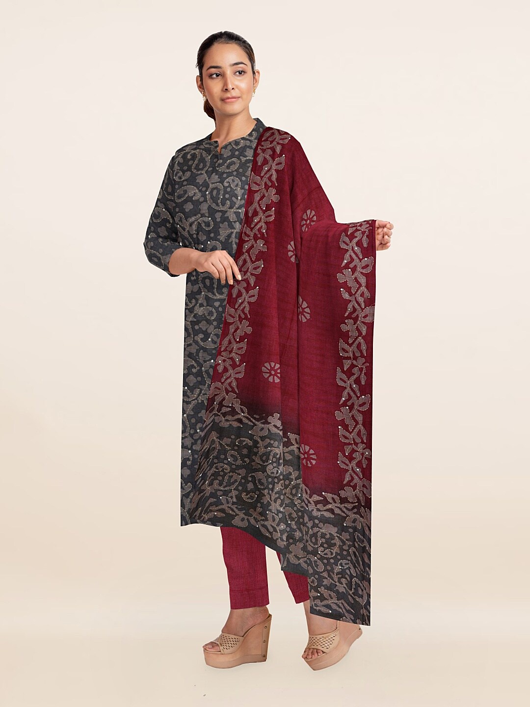

Pothys Grey & Maroon Printed Unstitched Dress Material