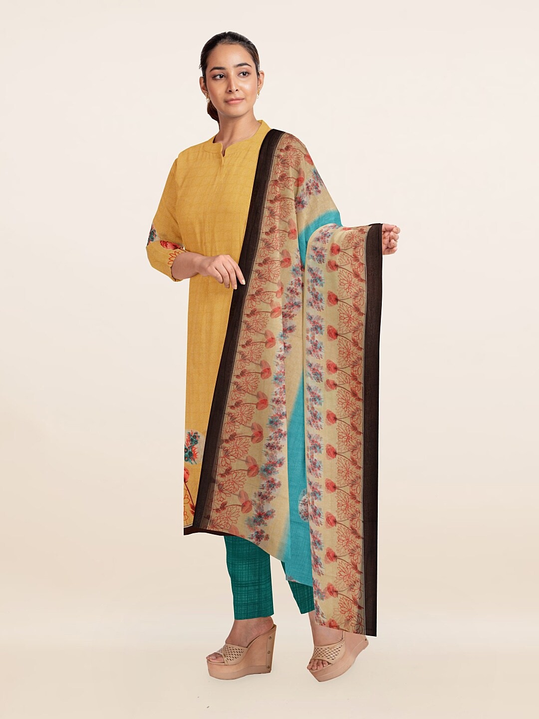

Pothys Mustard & Blue Embroidered Unstitched Dress Material