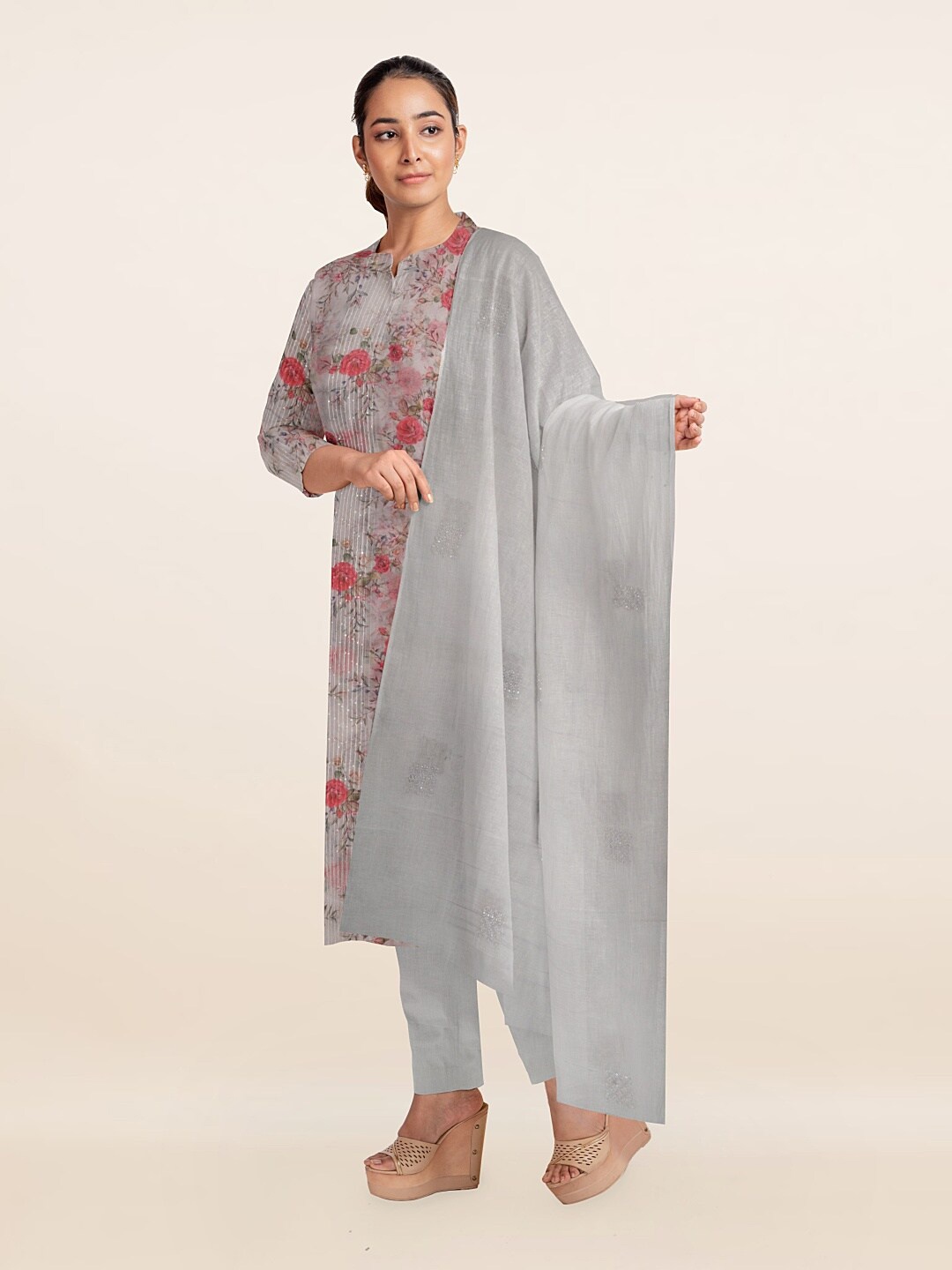

Pothys Grey & Pink Printed Unstitched Dress Material