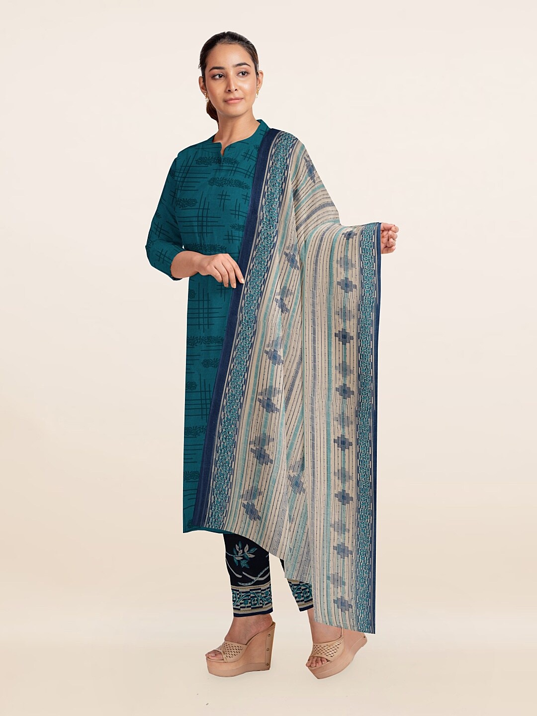 

Pothys Blue & Cream-Coloured Printed Unstitched Dress Material