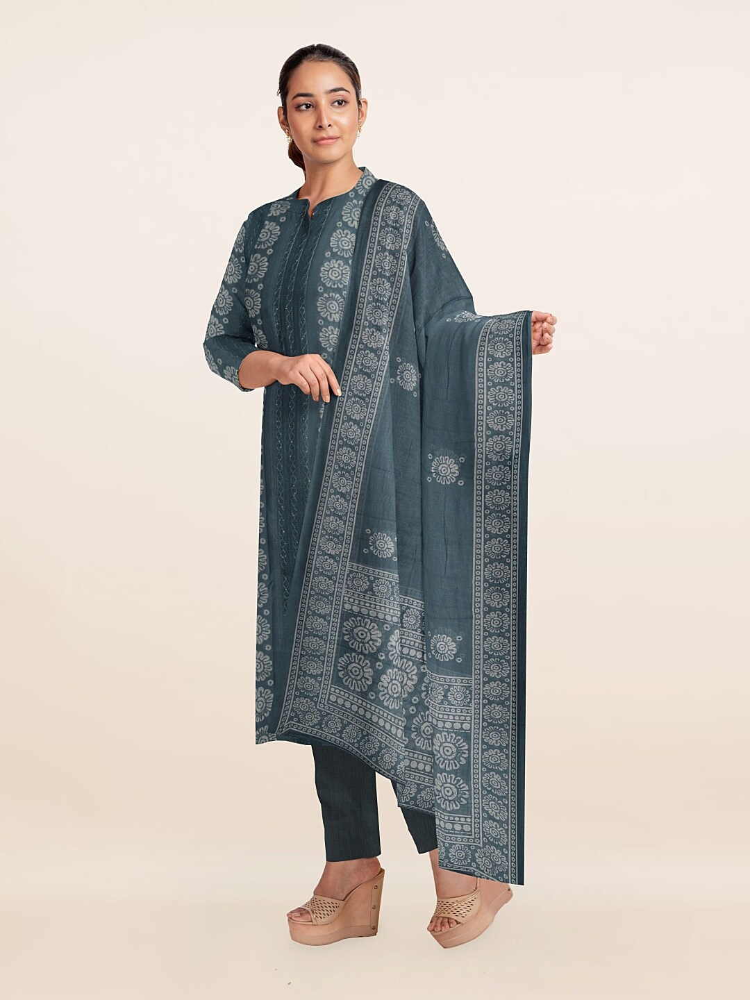 

Pothys Grey & White Printed Unstitched Dress Material