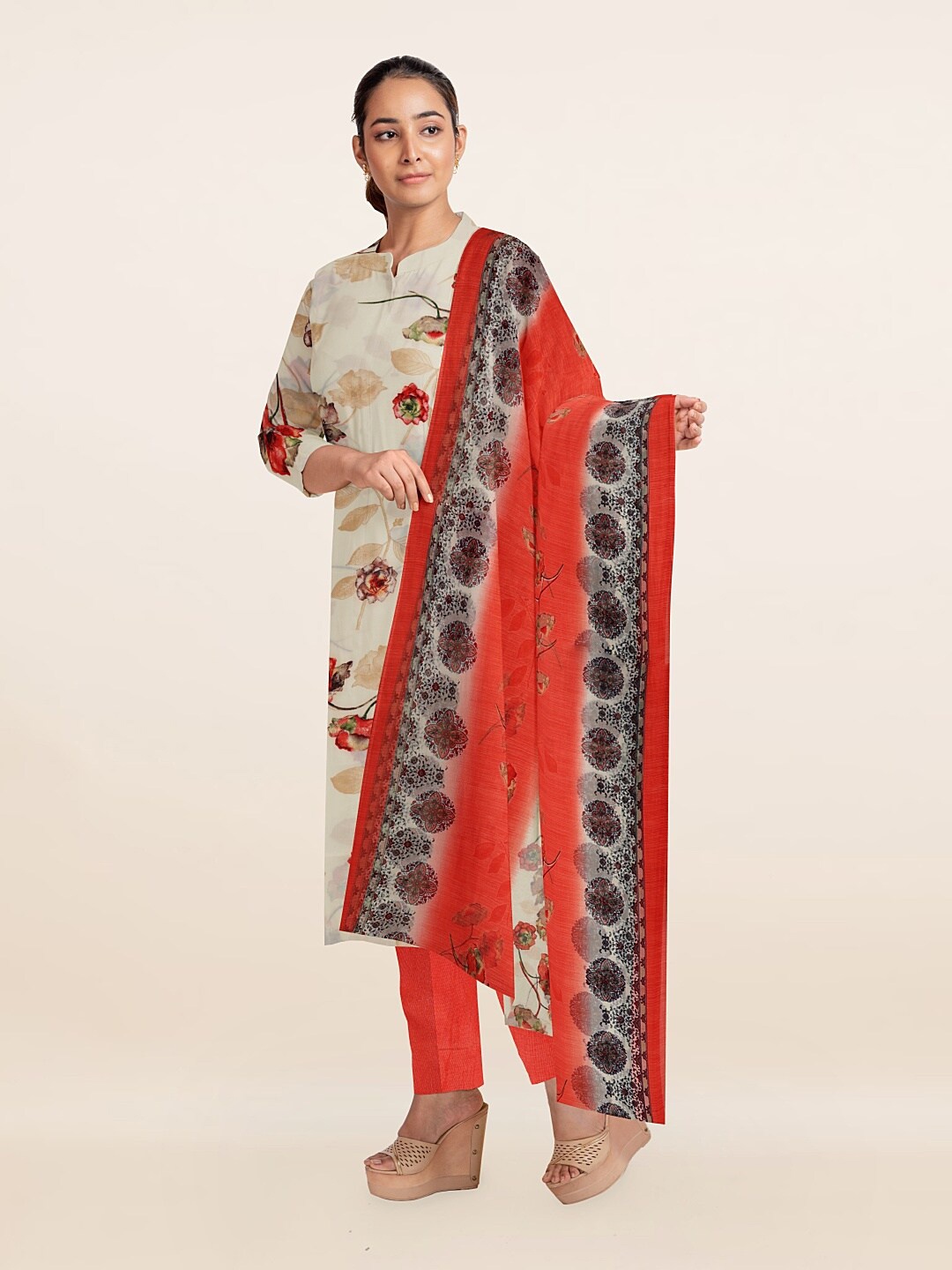 

Pothys Cream-Coloured & Red Printed Unstitched Dress Material