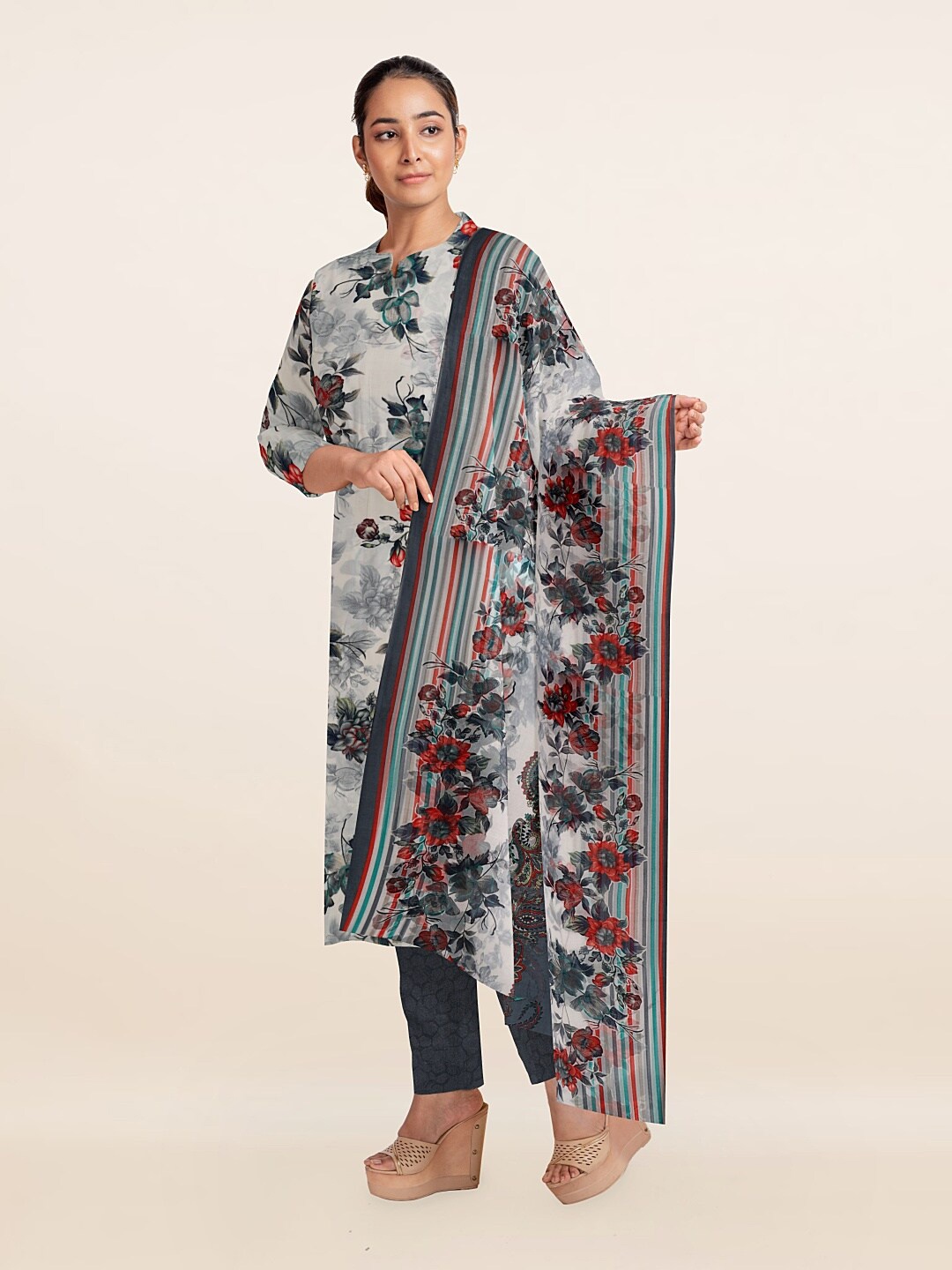 

Pothys Off White & Red Printed Unstitched Dress Material