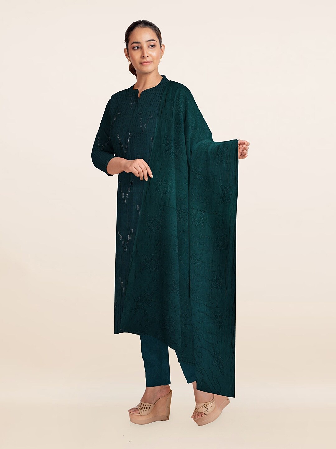 

Pothys Green Embroidered Unstitched Dress Material