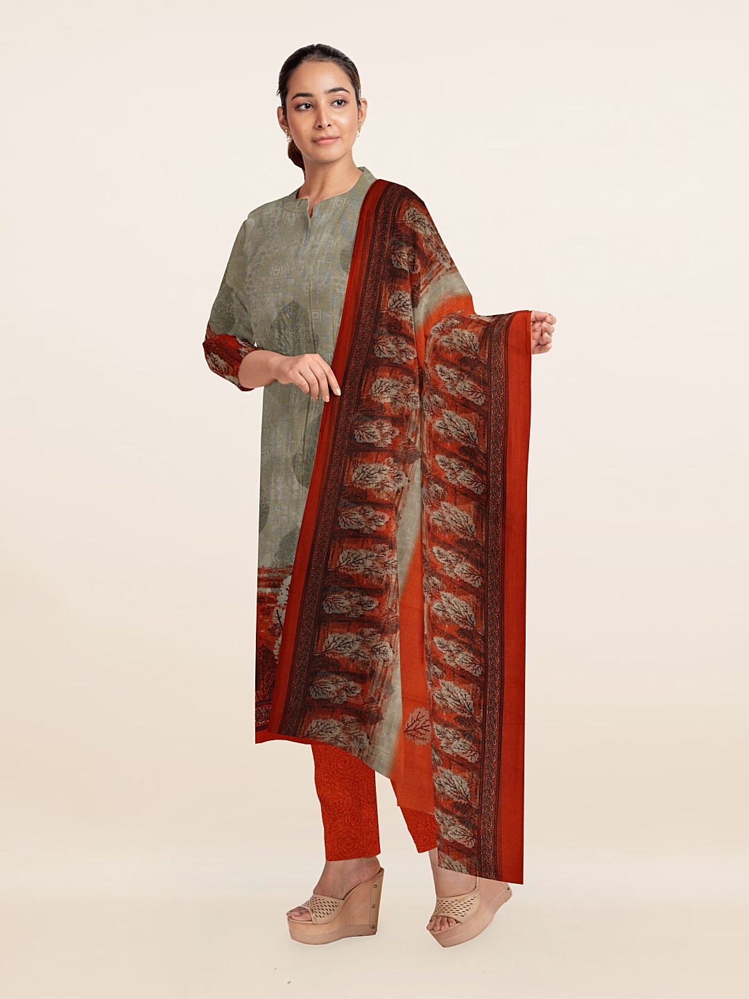 

Pothys Grey & Red Printed Unstitched Dress Material