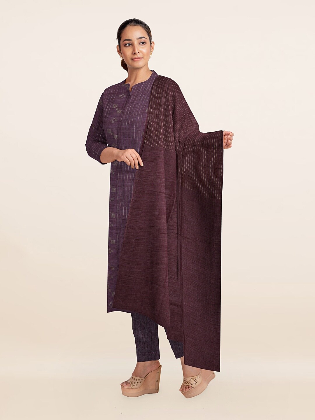 

Pothys Lavender & Beige Printed Unstitched Dress Material