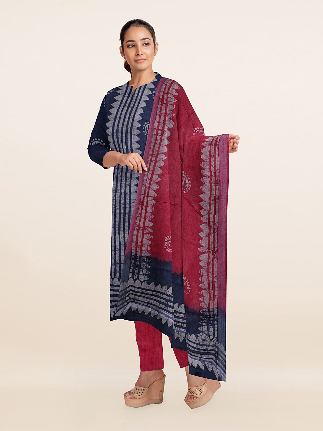 

Pothys Blue & Pink Printed Unstitched Dress Material