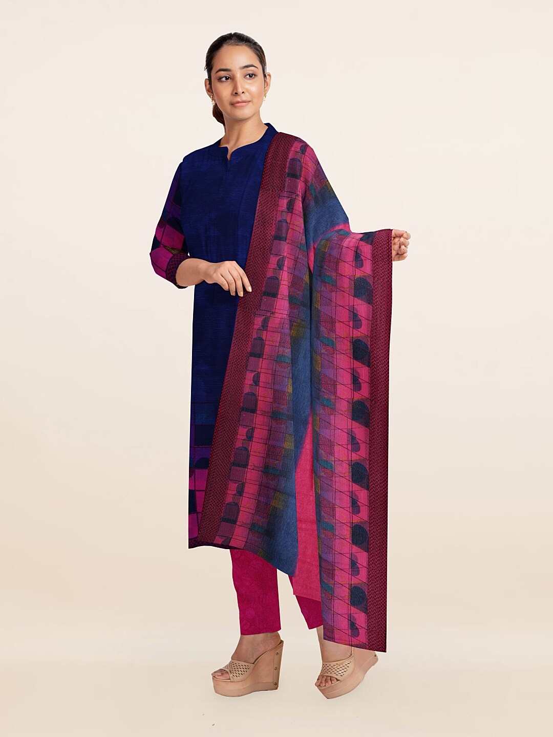 

Pothys Navy Blue & Pink Printed Unstitched Dress Material