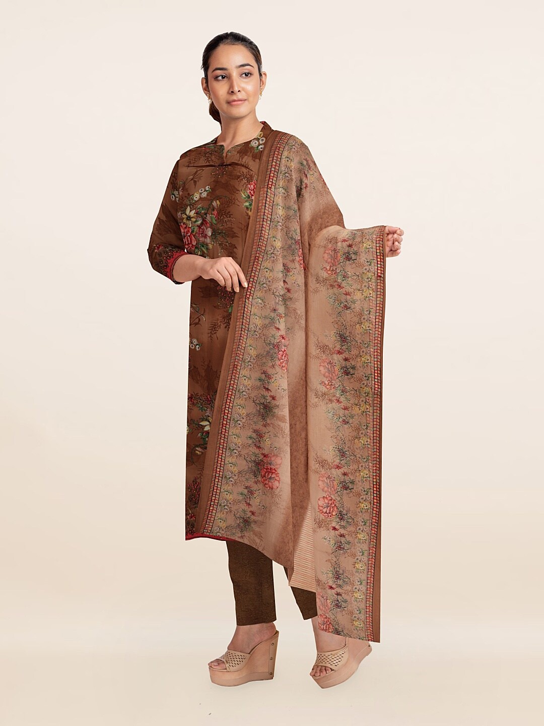 

Pothys Brown & Pink Printed Unstitched Dress Material