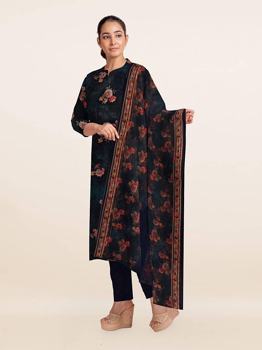 

Pothys Navy Blue & Pink Printed Unstitched Dress Material